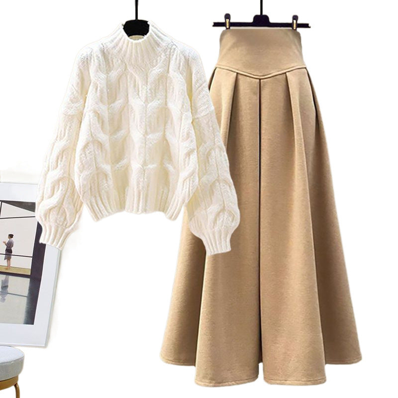 Women’s Two-Piece Set – Wool Cable Knit Sweater – Pleated High-Waist Midi Skirt