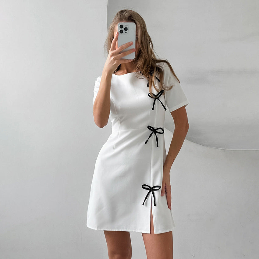 Women's Dress – A-line Cut – Short-Sleeved – Bow Details – Round Neck – Mini Length
