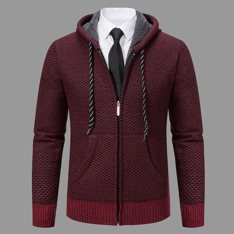 TrendAura Mens Hooded Cardigan Knit Blend Full Zip With Ribbed Cuffs For Smart Casual Layering