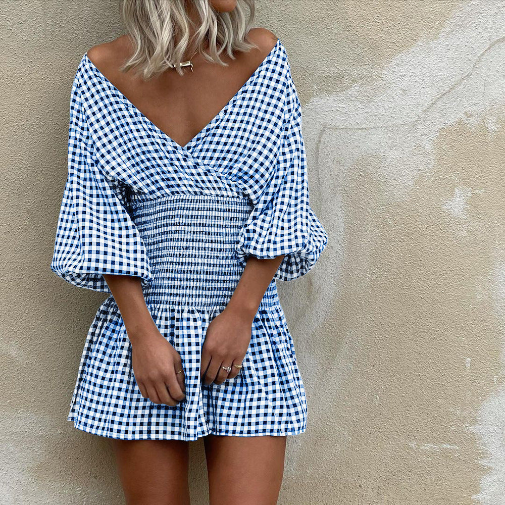 Women's Mini Dress – Cotton Blend – V-Neck – Puff Sleeves – Smocked Waist – Gingham Pattern