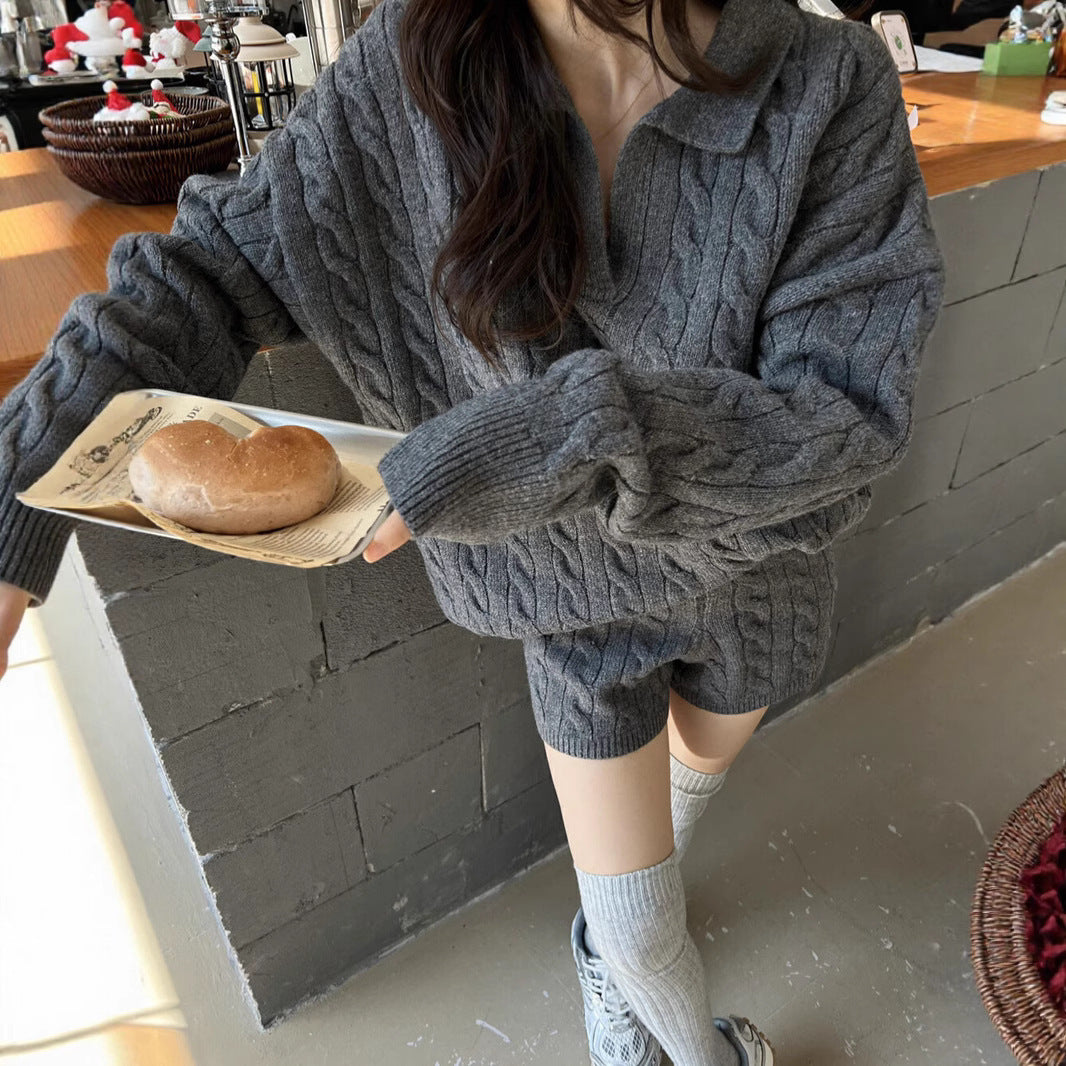 Women’s Two-Piece Set Knit Pullover – Wool Blend – Cable Knit – High Collar – Relaxed Fit – Long Sleeve