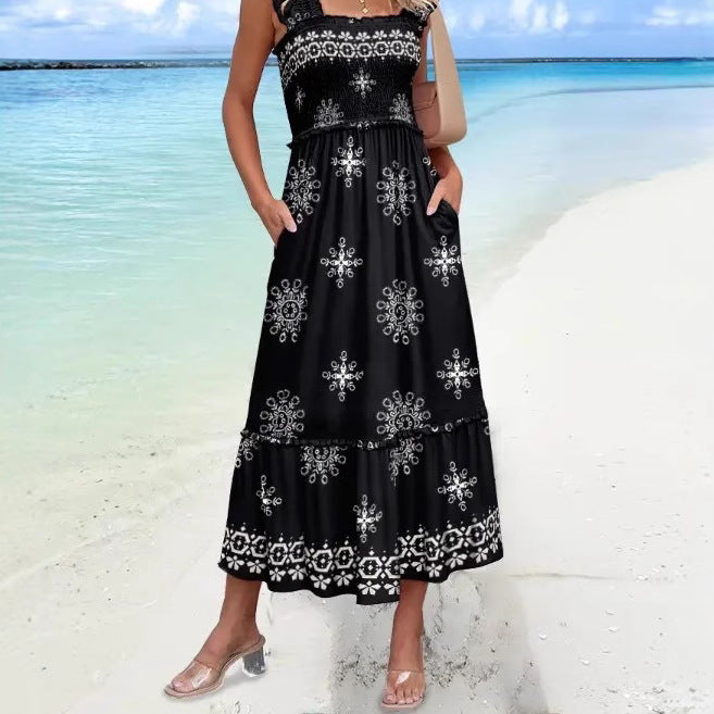 Women's Bohemian Dress – Cotton Blend – Loose Fit – Ruched Sleeve – Midi Length