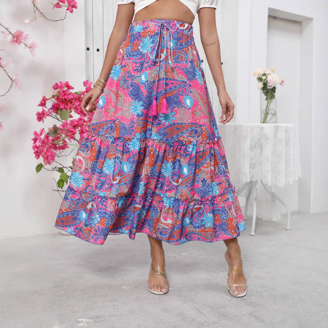 Women’s Maxi Skirt – High Waist – Tiered Boho Fit – Fringe Waist – Cotton Feel