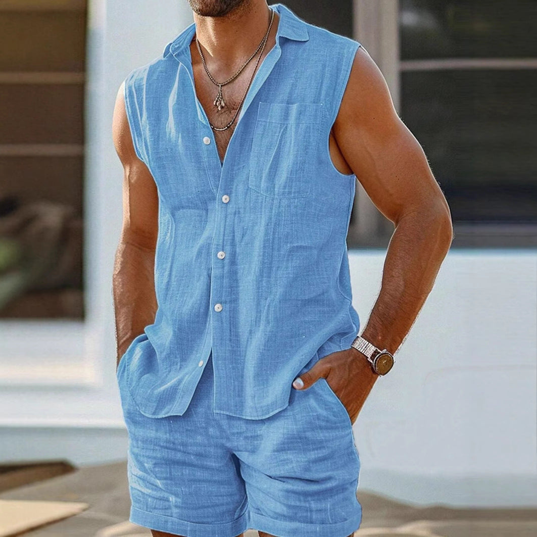 Mens Cotton Linen Sleeveless Shirt And Shorts Set In Relaxed Fit With Button Closure