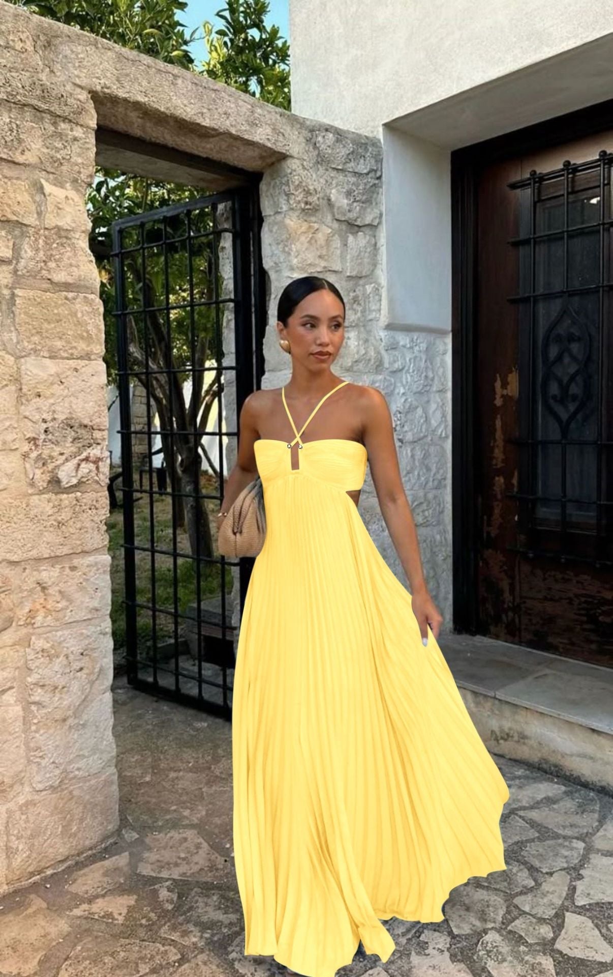 Women's Maxi Dress – Strapless – Cross Details – Pleated A-line – Side Slit