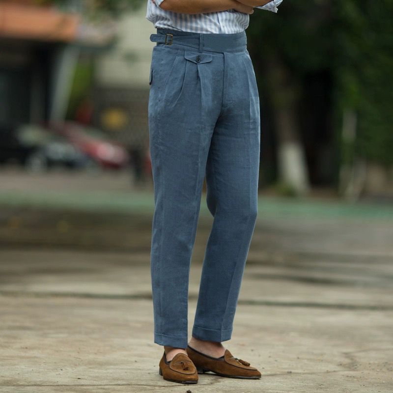 TrendAura Men's Trousers Slim Fit High Waisted Linen Pleated Front Adjustable Waist
