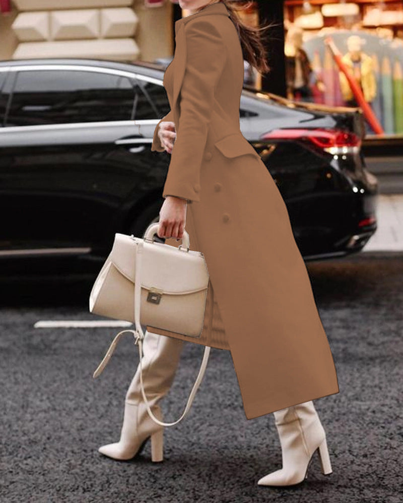 Women’s Long Jacket – Tailored Fit – Wool Texture – Full Length – Formal Style