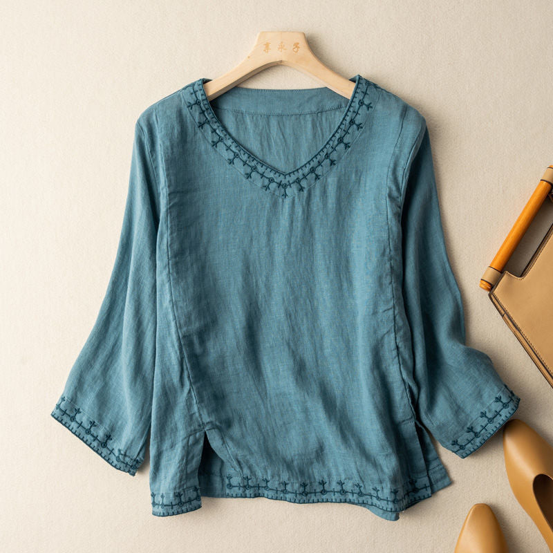 Women's Patterned V-Neck Blouse with Short Sleeves and Lightweight Fabric