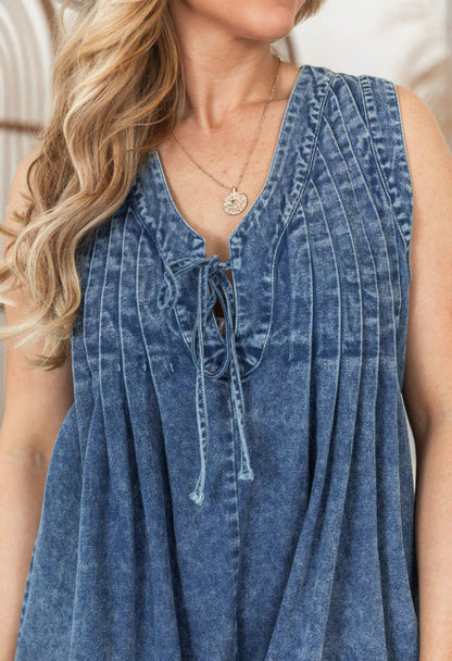 Women's Romper – Denim – Loose Fit – Sleeveless – Laced V-neck – Short Legs