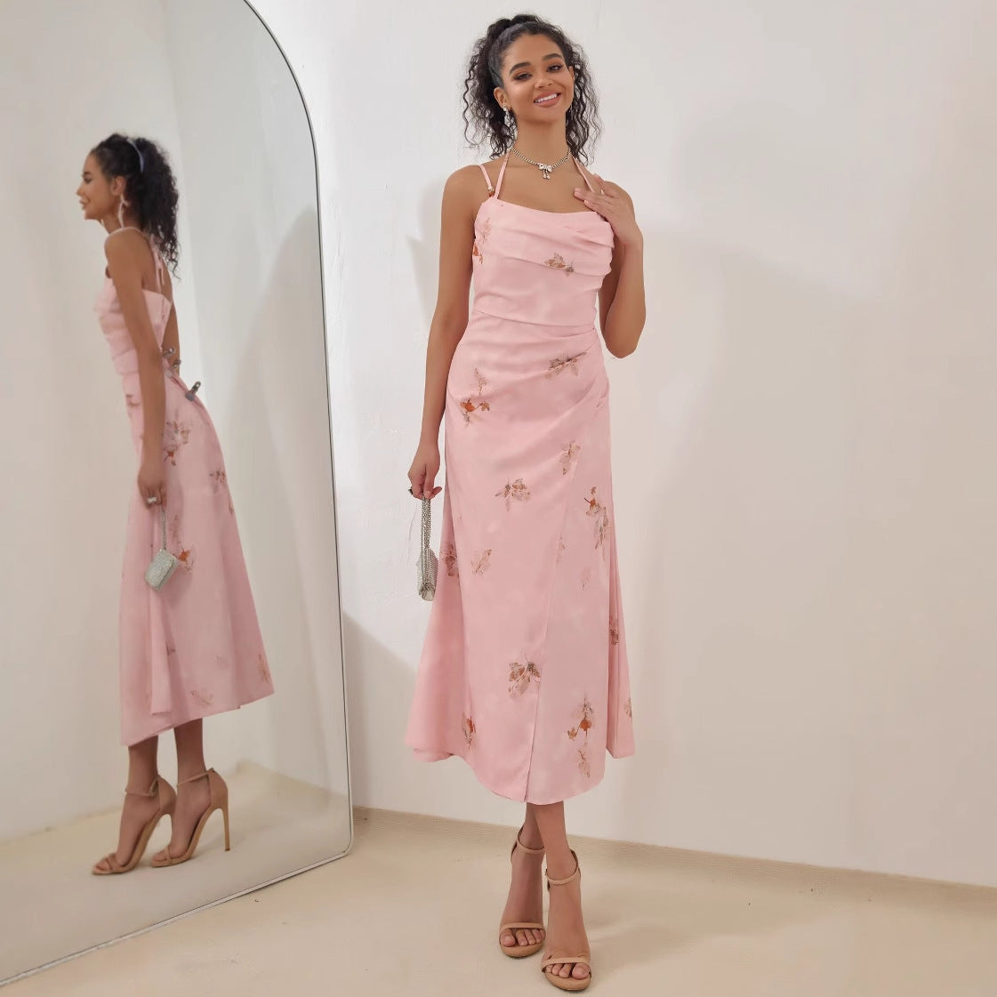 Dress for women – Midi length – A-line cut – Satin look – Straps – Floral details