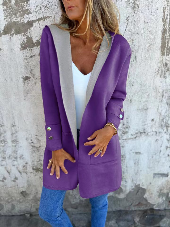 Women’s Hooded Cardigan – Soft Knit – Relaxed Fit – Contrast Trim – Button Cuffs – Long Length