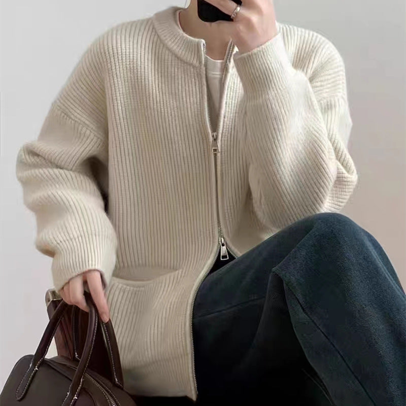 Women's Cardigan – Ribbed Knit Wool Mix – Oversized Fit – Double Zipper – With Pockets