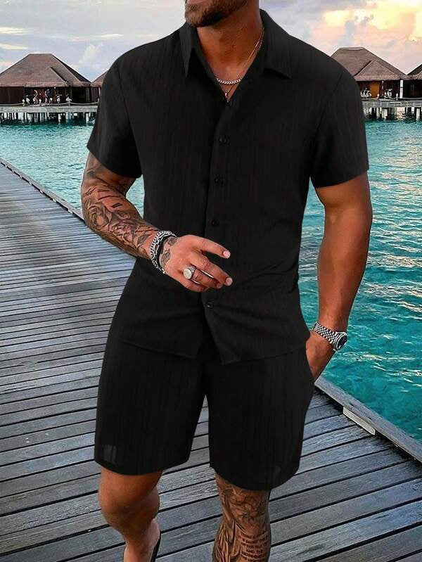 Men's Casual Button Down Shirt And Shorts Set Relaxed Fit Cotton Blend Summer Essentials