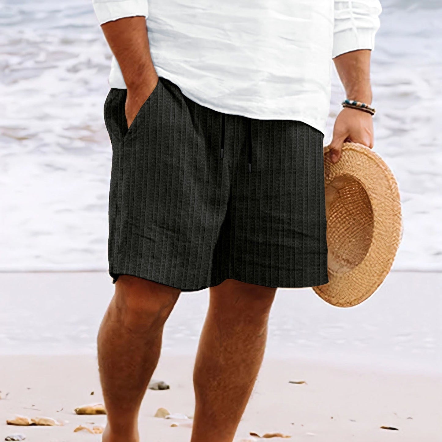 Mens Linen Cotton Blend Relaxed Fit Shorts With Multi Pocket And Elastic Drawstring Waist Couture-Moda