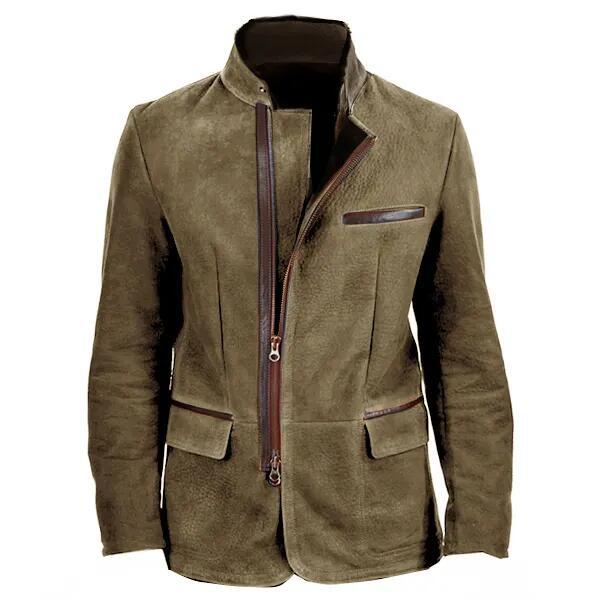 Nordic Flair Men's Suede Jacket Slim Fit with Stand Collar Zipper and Multiple Pockets