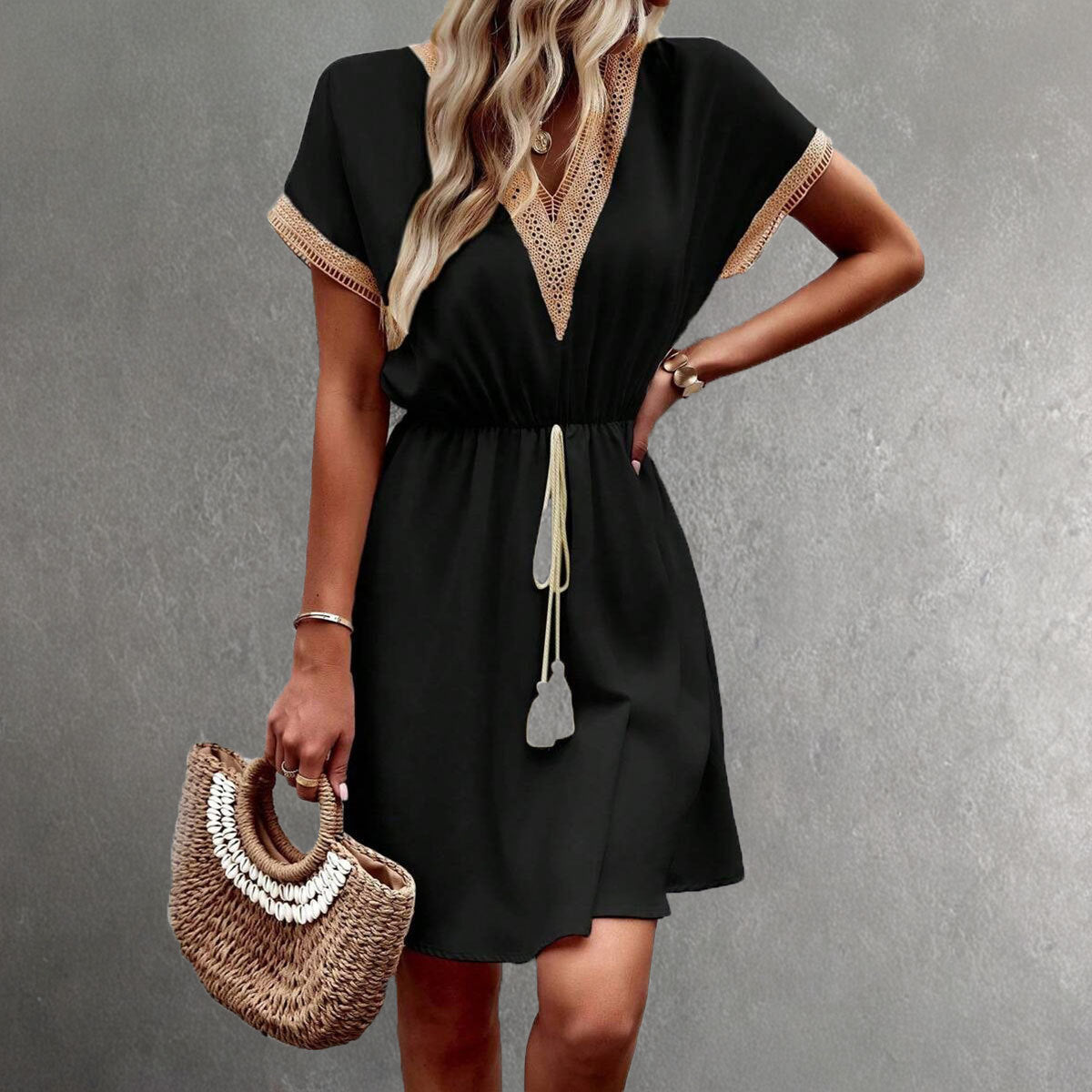 Women’s Mini Dress – V-Neck Lace Trim – Elastic Waist – Short Sleeve – Flowy Fit