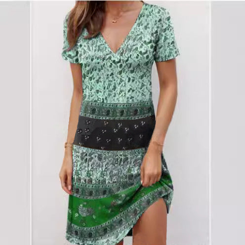 Women’s Casual Dress – Relaxed Fit – Cotton – Deep V-Neck – Boho Patchwork – Short Sleeve