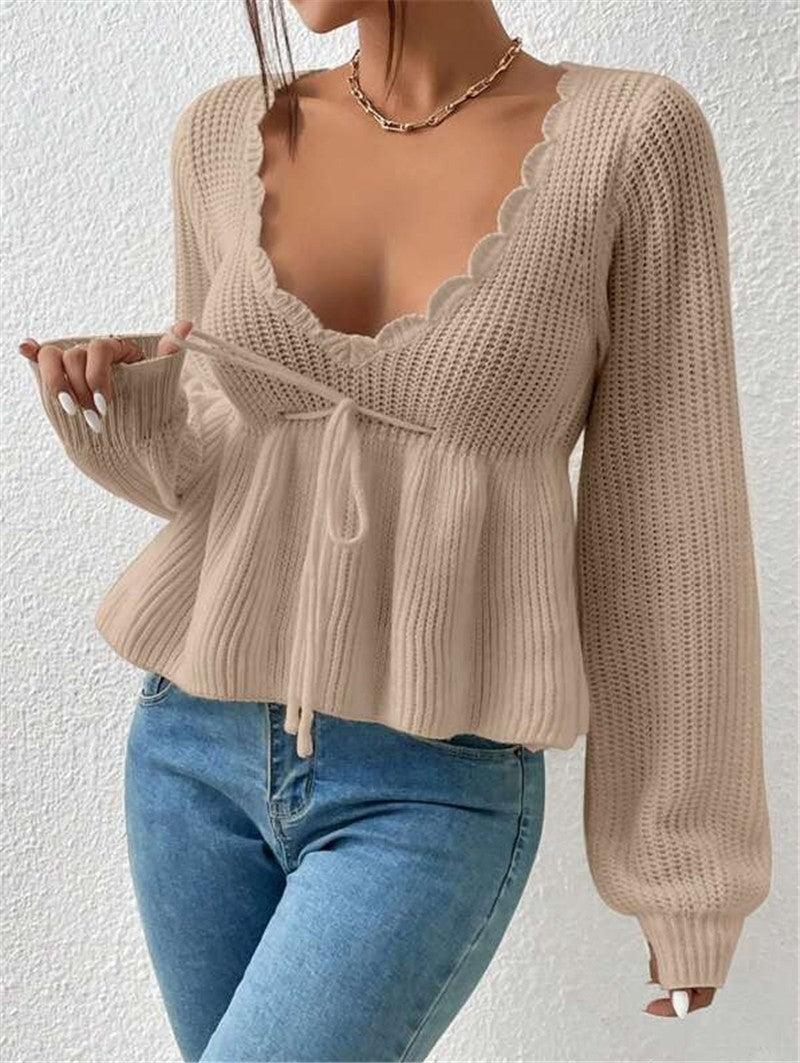 Women’s Pullover Sweater – Ribbed Knit – Relaxed Fit – Drawstring Waist – Ruffled Hem