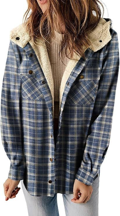 Women’s Wool Jacket – Relaxed Fit – Plaid Pattern – Plush Lined Hood – Button Front