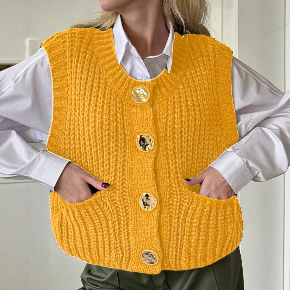 Women’s Knitted Vest – Wool Blend – Oversized Fit – Ribbed Texture – Button Front – Pockets