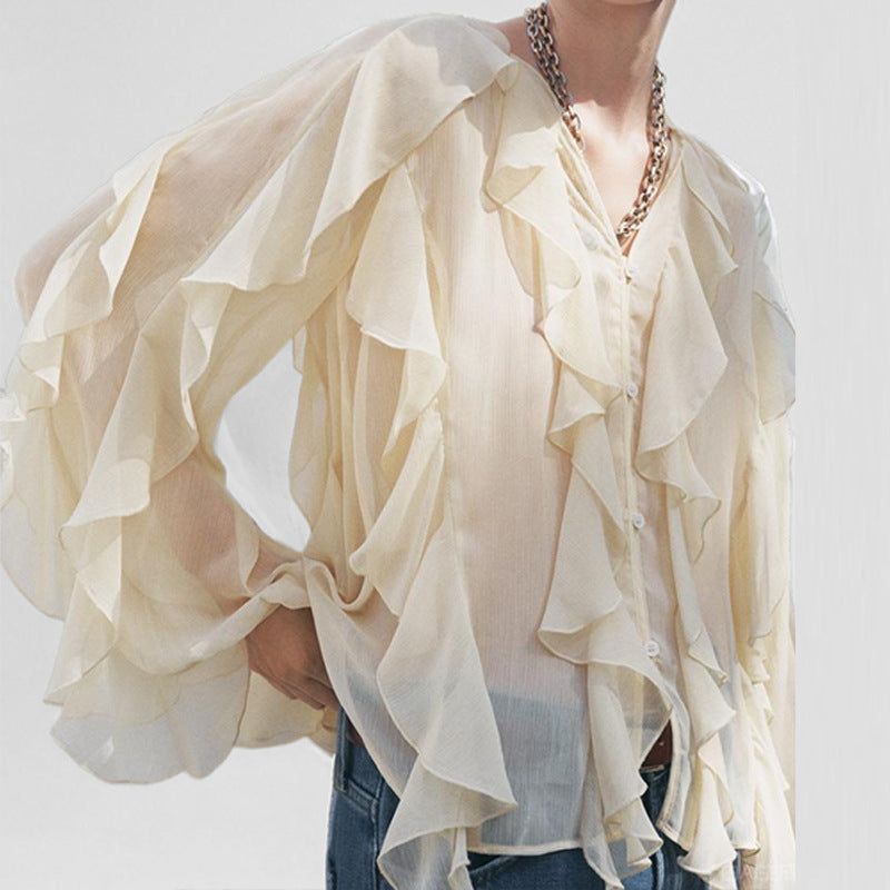 Women's Blouse – Loose Fit – Chiffon Look – Ruffle Front – Button Closure – V-neck