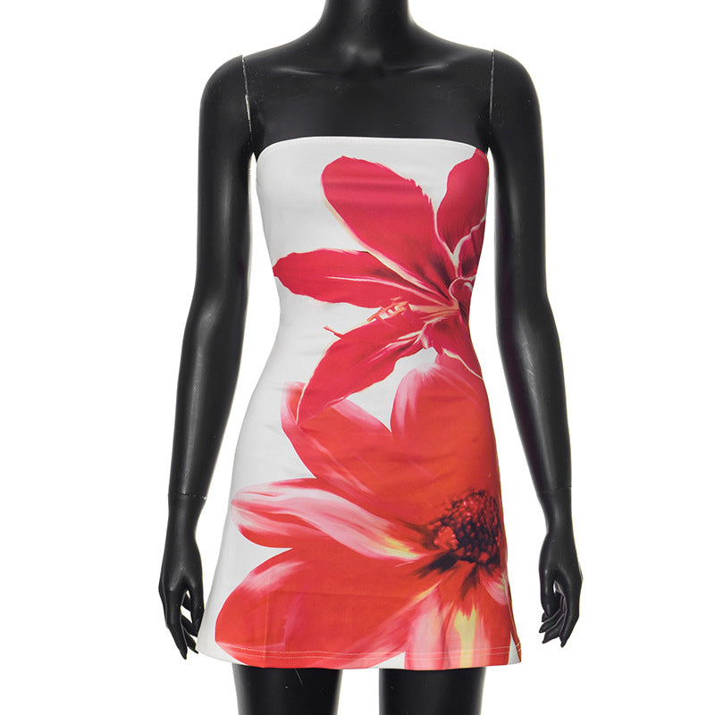 Women's Strapless Mini Dress – Bodycon Fit – Floral Print – Elegant Party Look