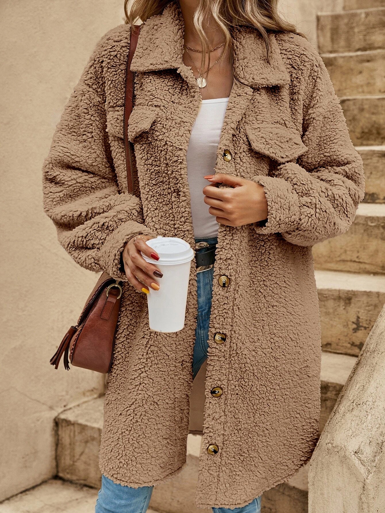 Women’s Long Coat – Plush Fleece – Oversized Fit – Button Down with Lapel Collar