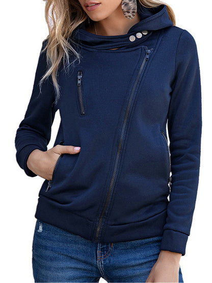 Women’s Sweatshirt – Fitted Cotton Blend – Hooded Asymmetric Zip – Zipper Pockets