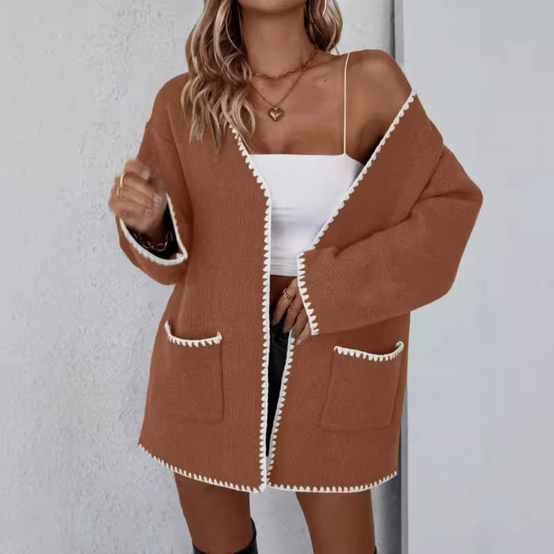Women's Cardigan – Knit – Oversize Fit – Open Front – Ribbed Edges – Front Pockets