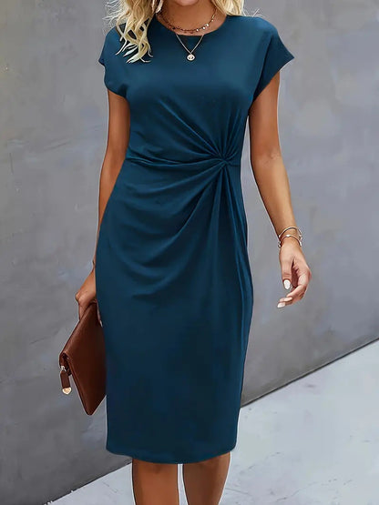 Women's Bodycon Dress – Slim Fit – Short Sleeve – Round Neck – Side Draping