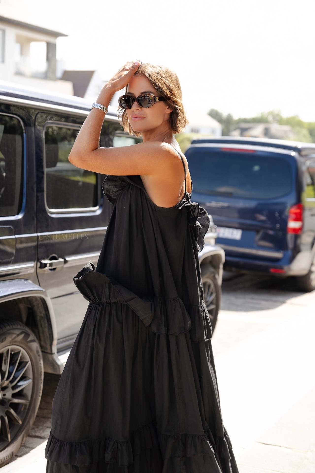 Women’s Maxi Dress – Flowy Fit – Cotton Blend – Ruffle Neckline – Tiered Skirt