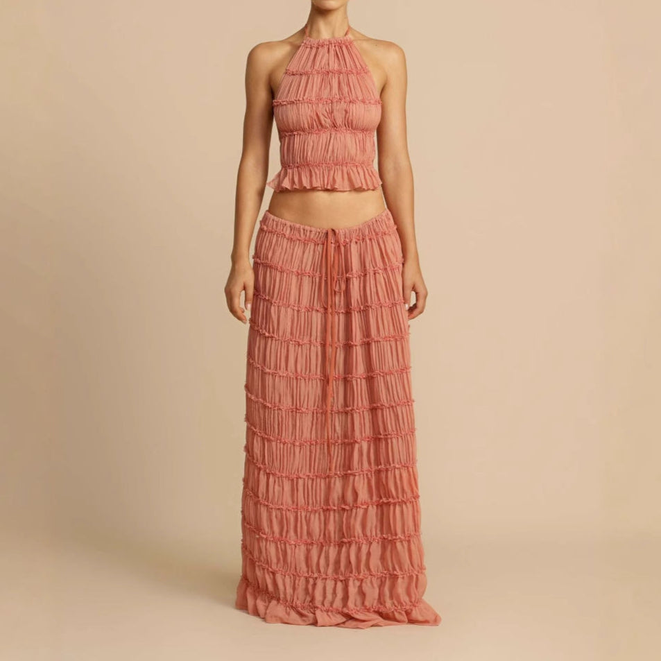 Women’s Two-Piece Set – Ruched Halter Crop Top – Elastic Waist Maxi Skirt