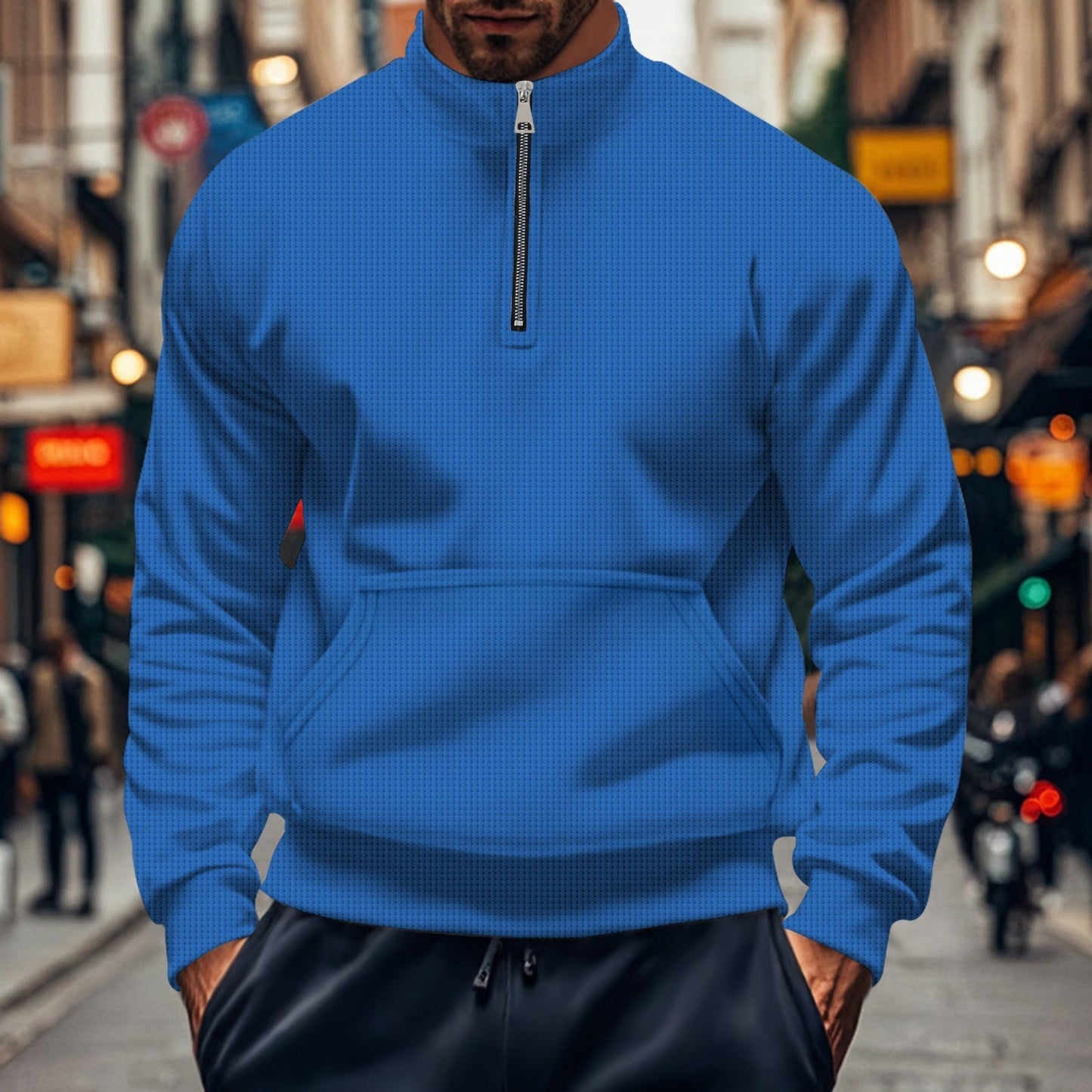 TrendAura Mens Sweatshirt Relaxed Fit Half Zip Kangaroo Pocket Cotton Knit Ribbed Trim For Everyday Wear