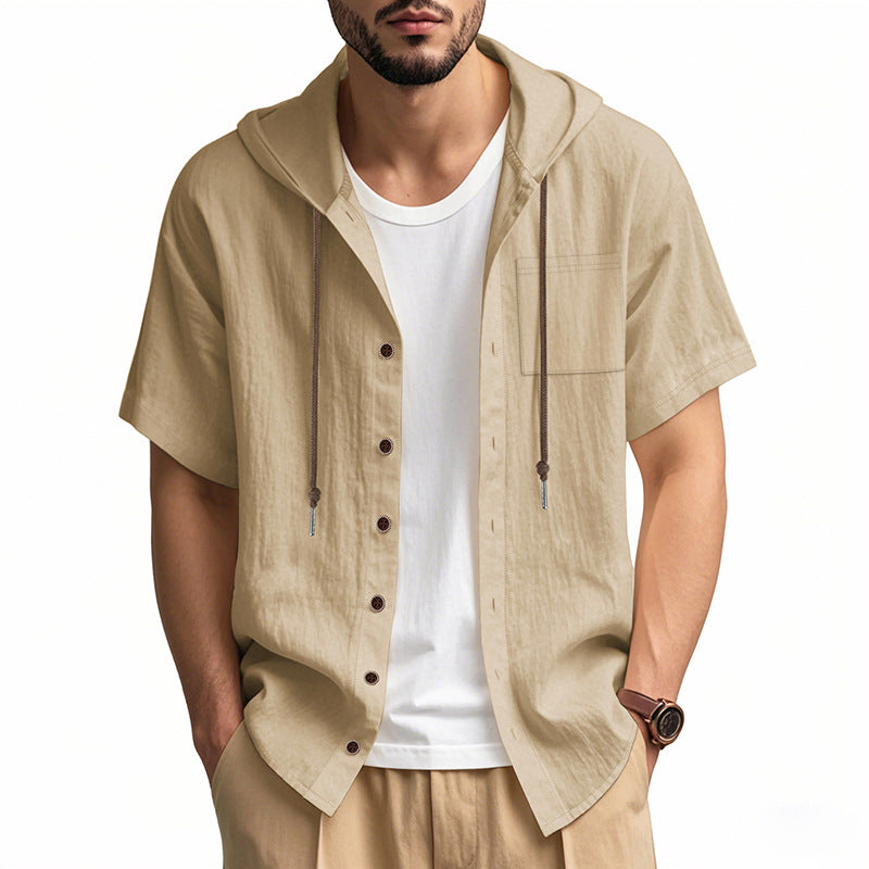 Men's Hooded Linen Blend Shirt With Short Sleeves Relaxed Fit Button Closure Perfect For Summer