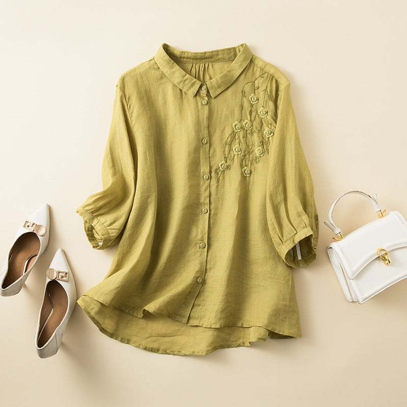 Women's Shirt – Natural Fibers – Relaxed Fit – Embroidered Chest – Medium-Length Sleeve