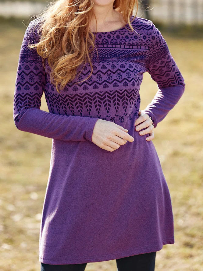 Women’s Long Sleeve Dress – Brushed Fabric – Relaxed Fit – Ethnic Print – Round Neck