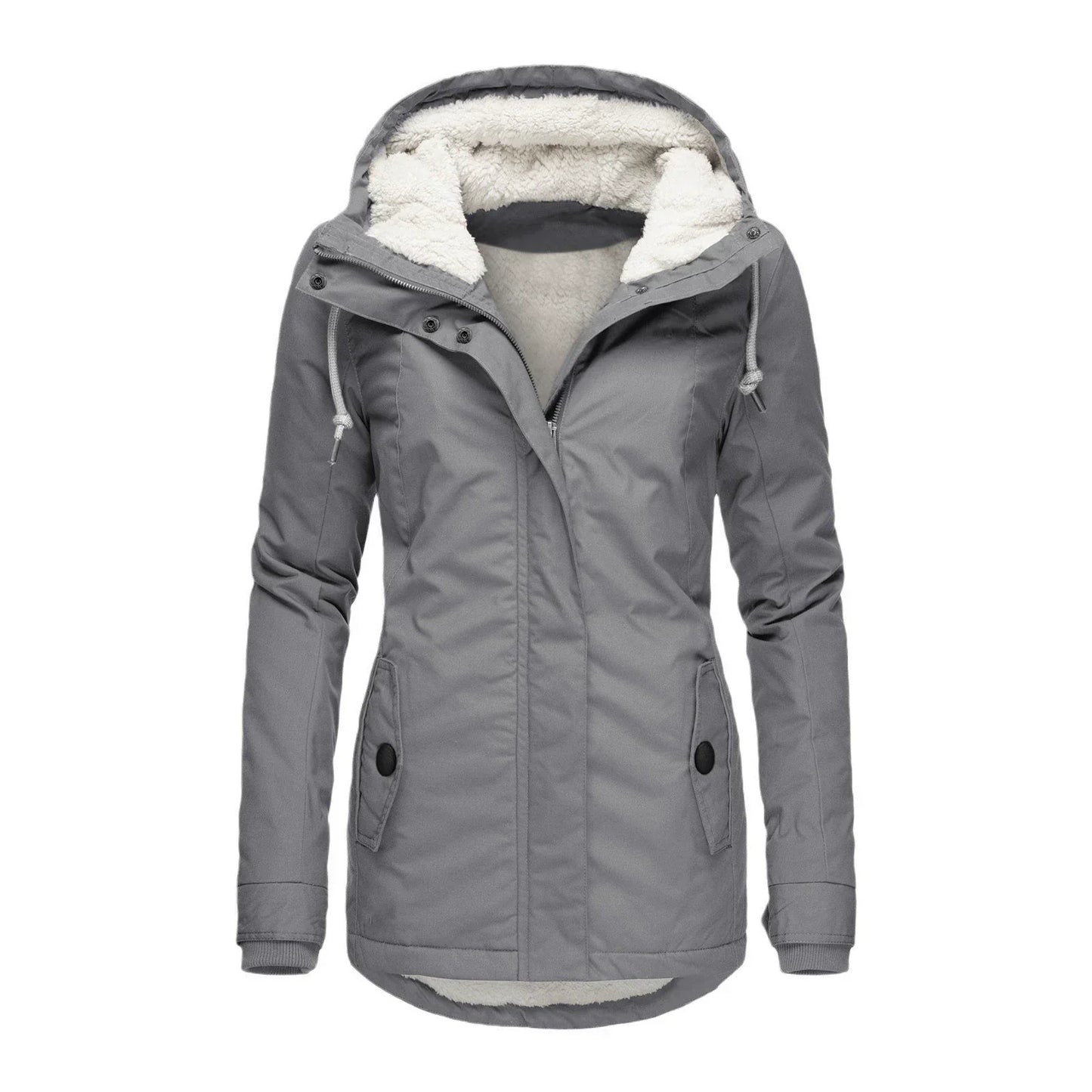 Women’s Parka Coat – Hooded Plush Lining – Semi-Fitted – Mid-Thigh Length – Weather-Resistant