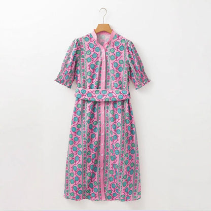 Dress for women – Midi – Floral pattern – High waist – Puff sleeves – Belt – Button closure