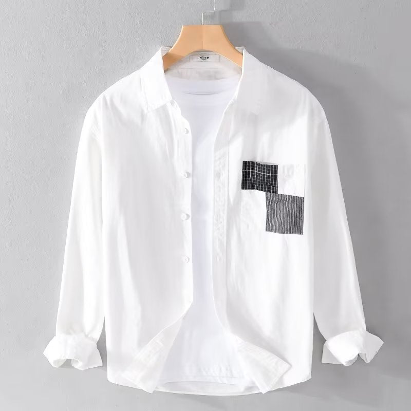 Men's Long Sleeve Shirt Relaxed Fit Cotton Blend Patch Pocket Casual Button Up Shirt