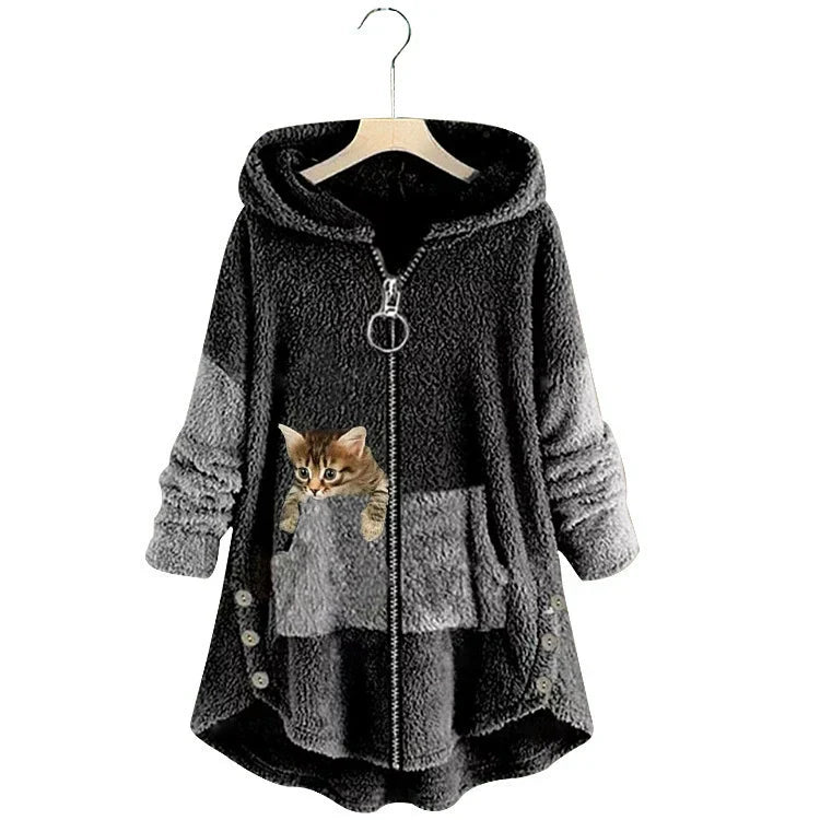 Women’s Long Hooded Jacket – Oversized Fit – Plush Fleece – Cat Pocket – High-Low Hem
