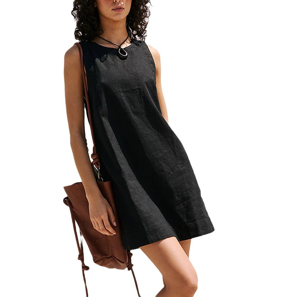 Women’s Mini Dress – Sleeveless – Loose Fit – Deep Open Back – Lightweight Linen Blend