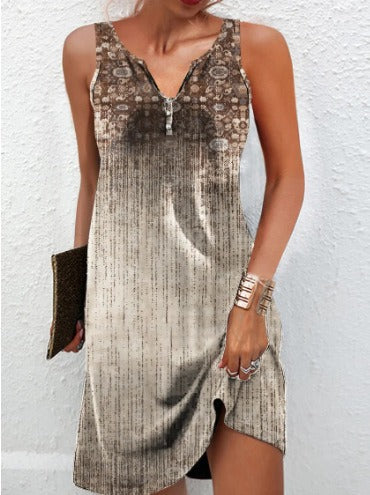 Women’s Dress – V-Neck – Sleeveless – Floral Detail – Asymmetrical Hem – Cotton Blend