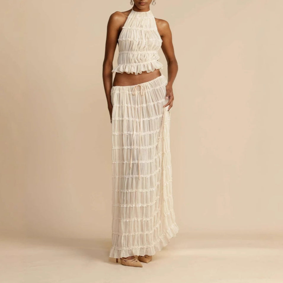 Women’s Two-Piece Set – Ruched Halter Crop Top – Elastic Waist Maxi Skirt