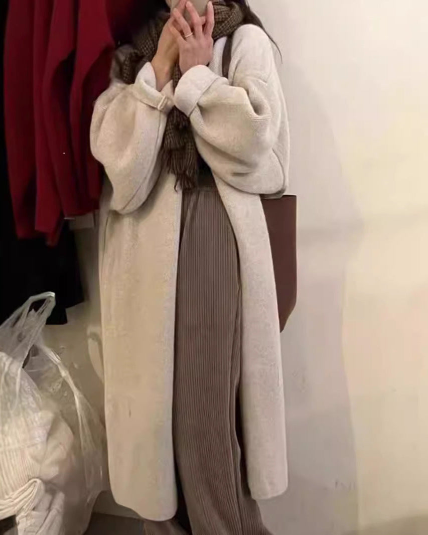 Women’s Cardigan Coat – Oversized Fit – Wool Knit – Draped Open Front – Full Length