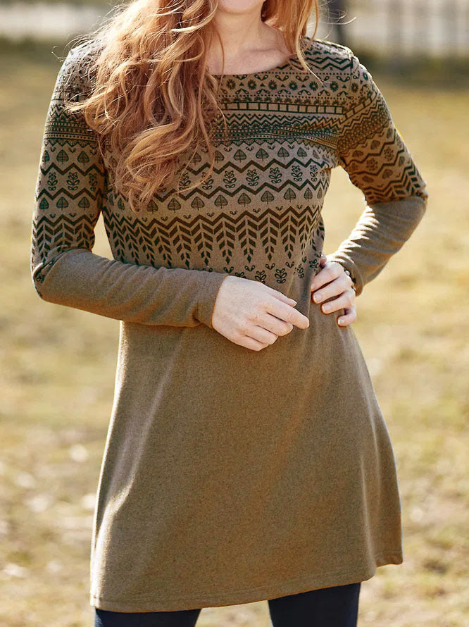 Women’s Long Sleeve Dress – Brushed Fabric – Relaxed Fit – Ethnic Print – Round Neck