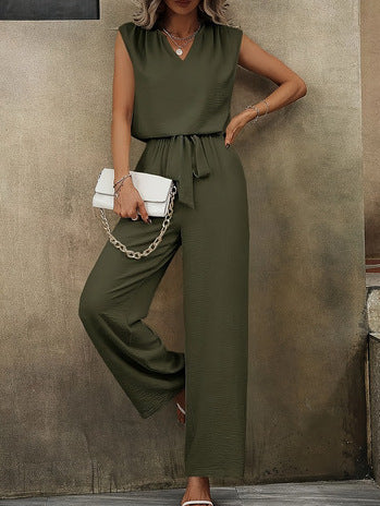 Women's jumpsuit – sleeveless V-neck, adjustable waist, wide leg fit