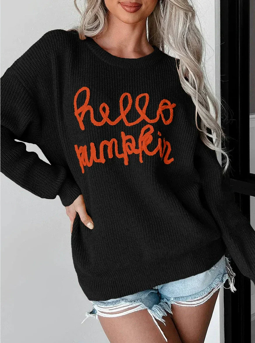 Women’s Sweater – Relaxed Fit – Knitted Wool Blend – Ribbed Texture – Letter Detail