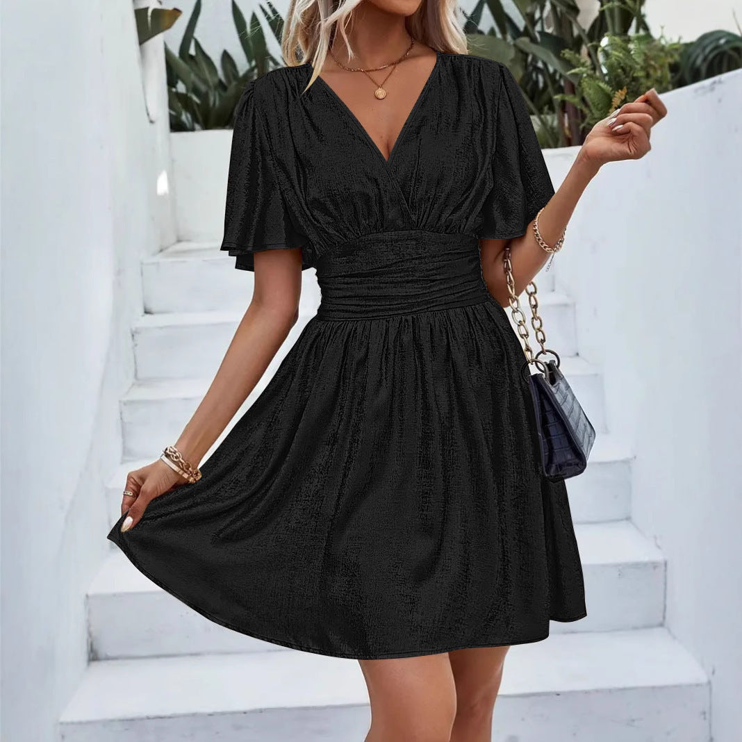 Women’s Wrap Dress – Shimmer Finish – V-Neck – Flutter Sleeves – Midi A-Line Fit