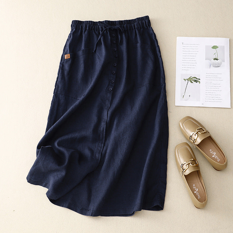 Women's Skirt – A-Line – Natural Fibers – Mid-Length – Lace Waist – Pockets