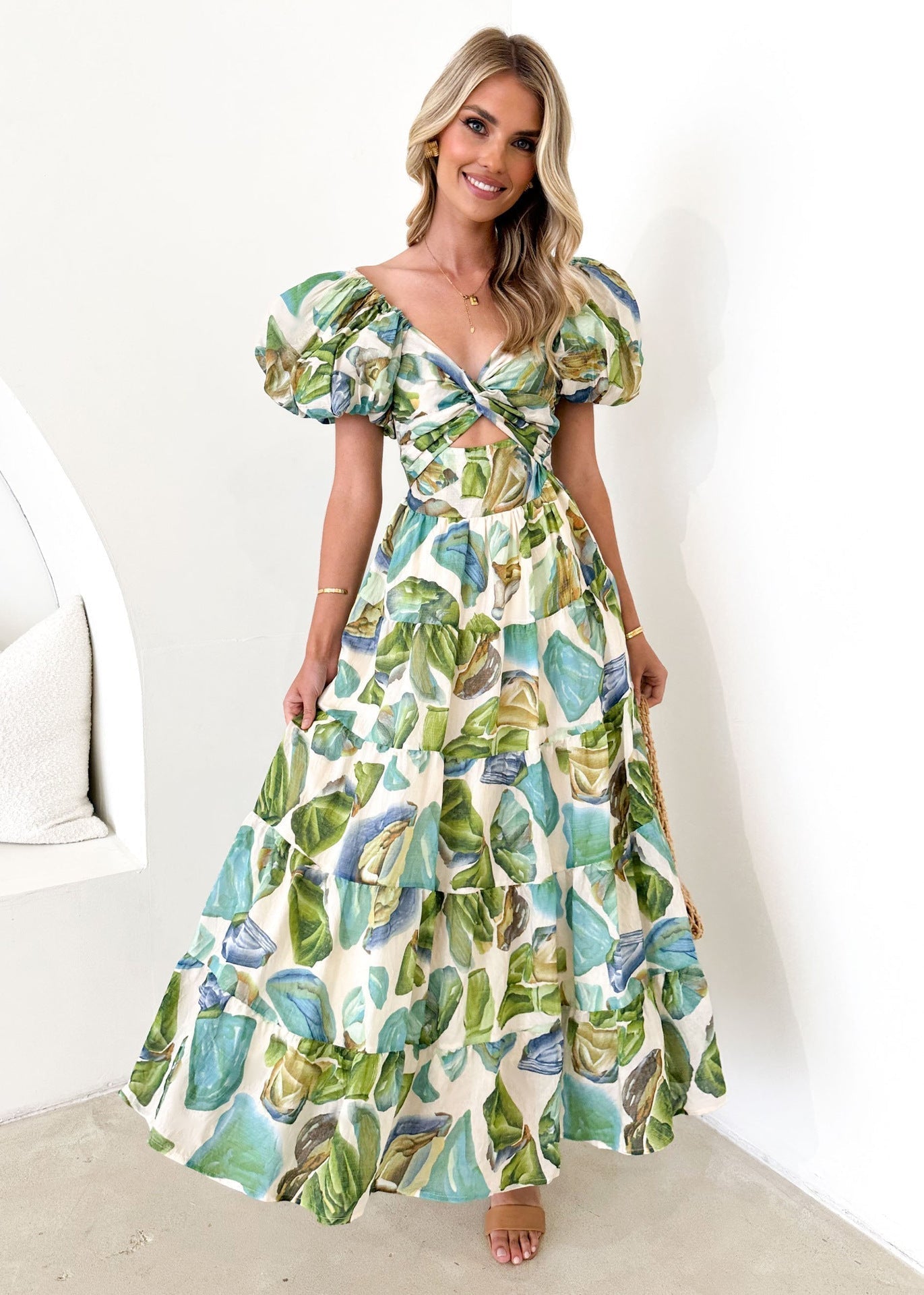 Dress for women – Maxi dress – Off-shoulder – Puff sleeves – Smocked waist – Print